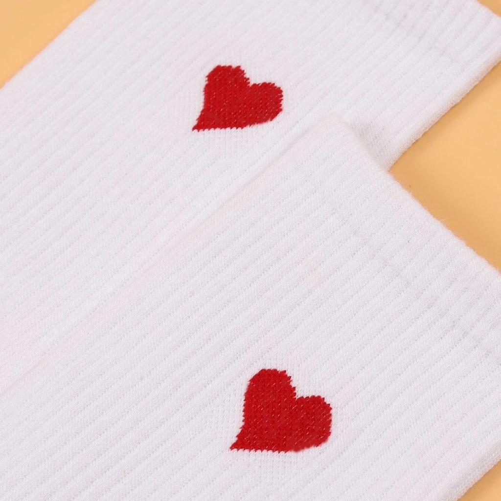 3/5/10/20 Pairs of Women's Crew Socks, White, Heart Pattern, Comfortable, Breathable, Moisture-Wicking