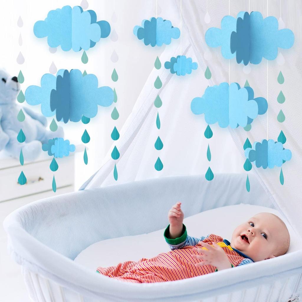 16 PCS 3D Cloud Decoration Blue Hanging Clouds and Raindrop for Cloud Ornaments Hanging Ceiling Decor for Party Nursery Children Room Ceiling