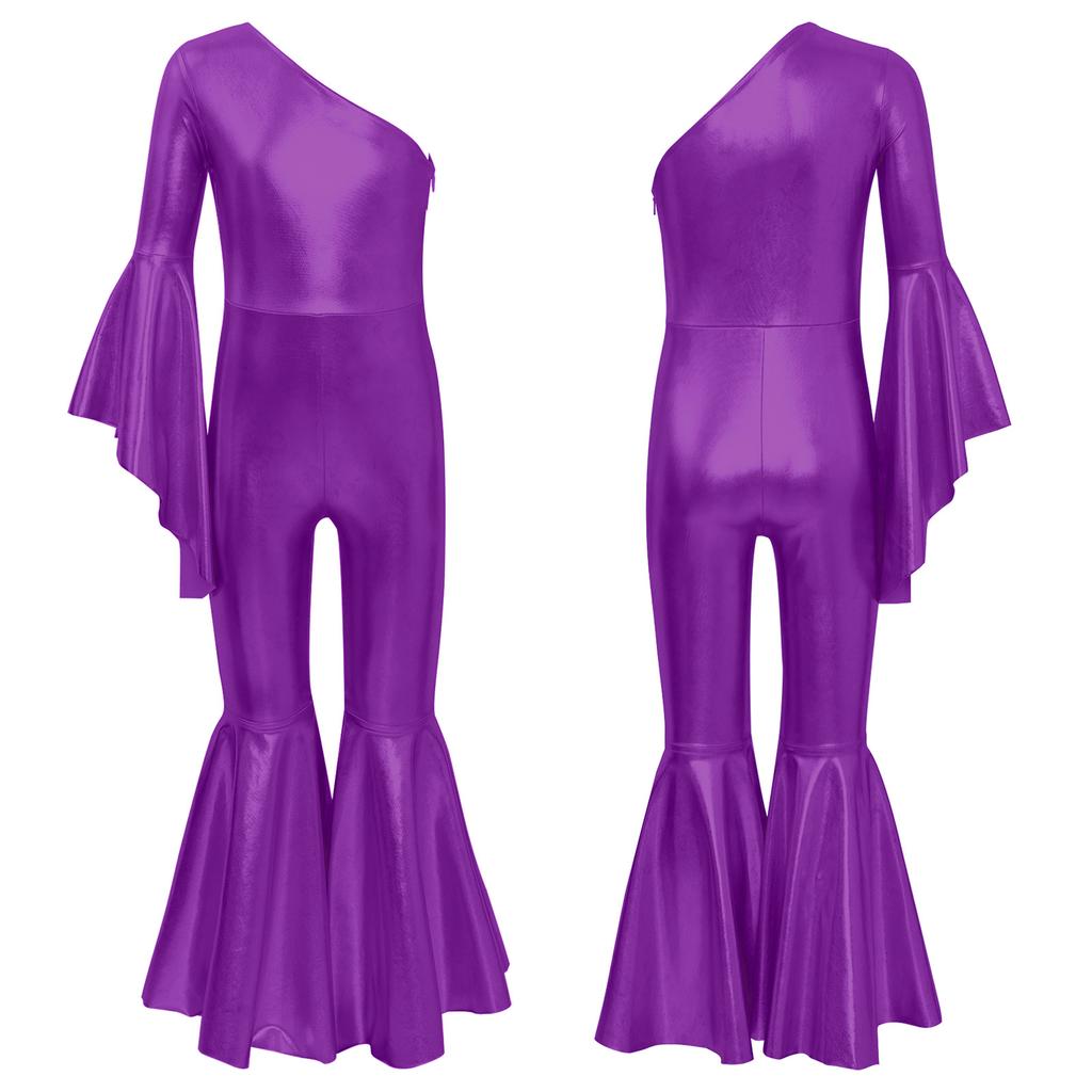 Kids Girls Romper Shiny Metallic One Shoulder Flare Sleeve Bodysuit Dance Jumpsuit Gymnastics Figure Skating Dance Wear