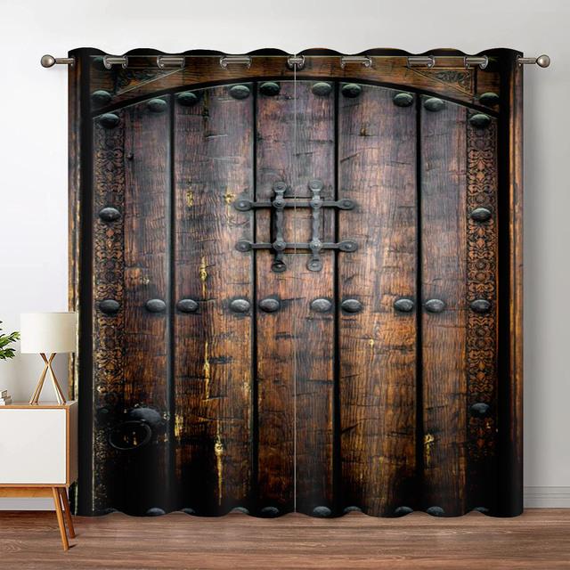 Rustic Wooden Blackout Curtains Vintage Barn Door Farmhouse Countryside Room Window Drapes For Bedroom Living Room High Shading