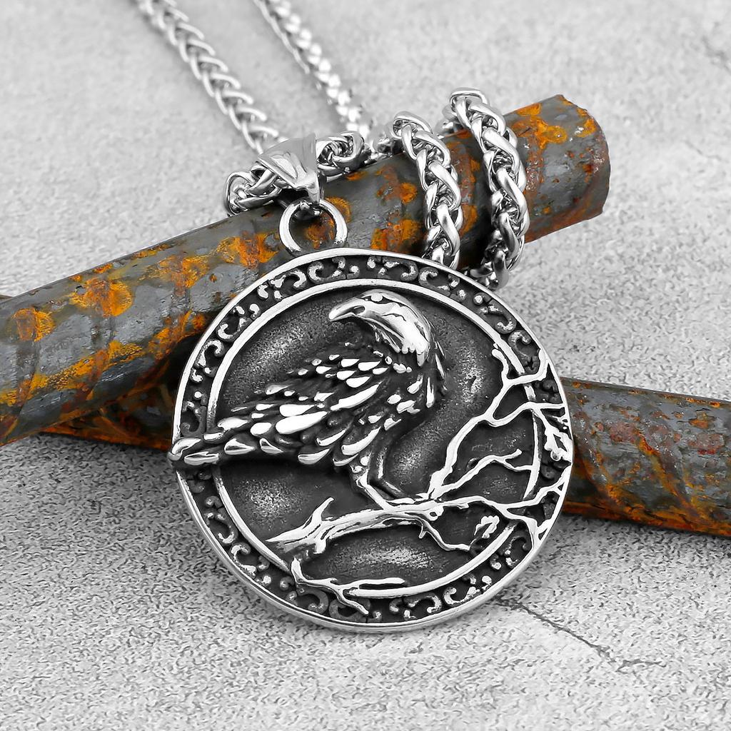 Nordic Odin Crow Skull Pendant Necklace Gothic Stainless Steel Raven Skull Compass Rune Necklace for Men Punk Jewelry