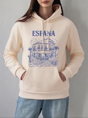Испания Местные уличные сцены Принты Толстовки Женские Повседневные Свободные Толстовки Зимний Флис Теплые Пуловеры Базовые Карман Женская Одежда