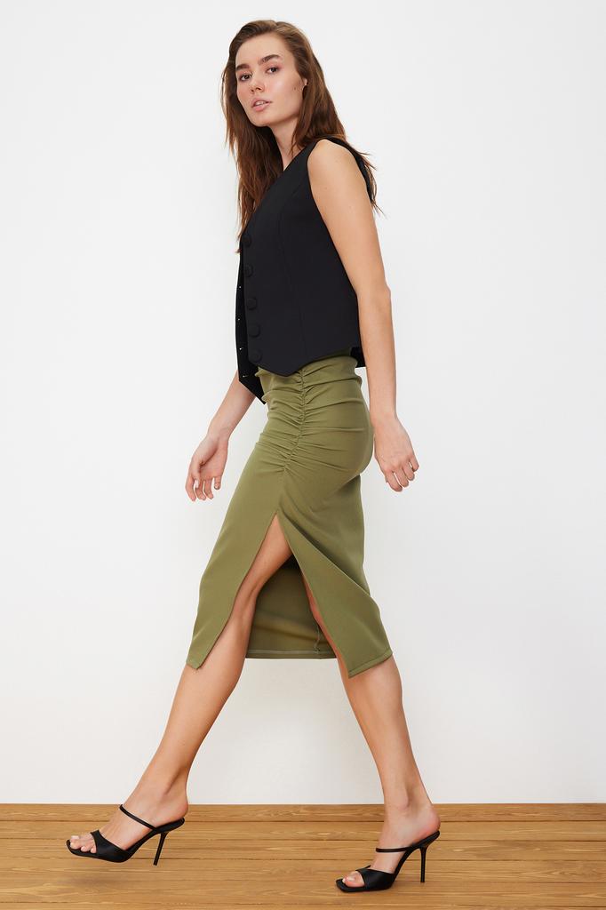 Women's Fashion Purple Printed High Waist Midi Stretchy Knitted Skirt with Gather Detail and Flounce