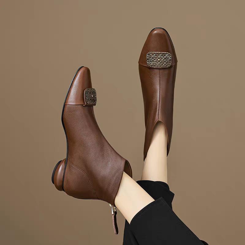 Ботильоны на блочном каблуке Женские Зимние Ретро Стиль Металлический Круглый Носок Модные Ботинки Новые Ботинки Челси