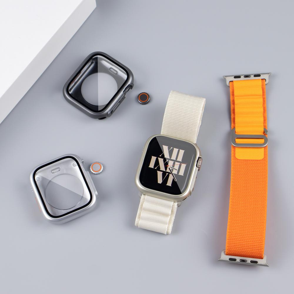 Стеклянный чехол, нейлоновый ремешок для Apple Watch 44 мм, 45 мм, 40 мм, 41 мм, чехол + ремешок, защитная пленка для экрана, IWatch Series 56 Se 7 8, переход на Ultra