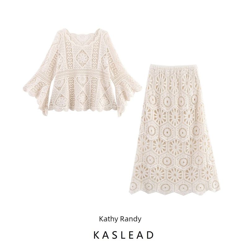 Kaslead New Arrival Women's Clothing Fashion Style Fashion Round Neck Crocheted Tops Skirt Suit