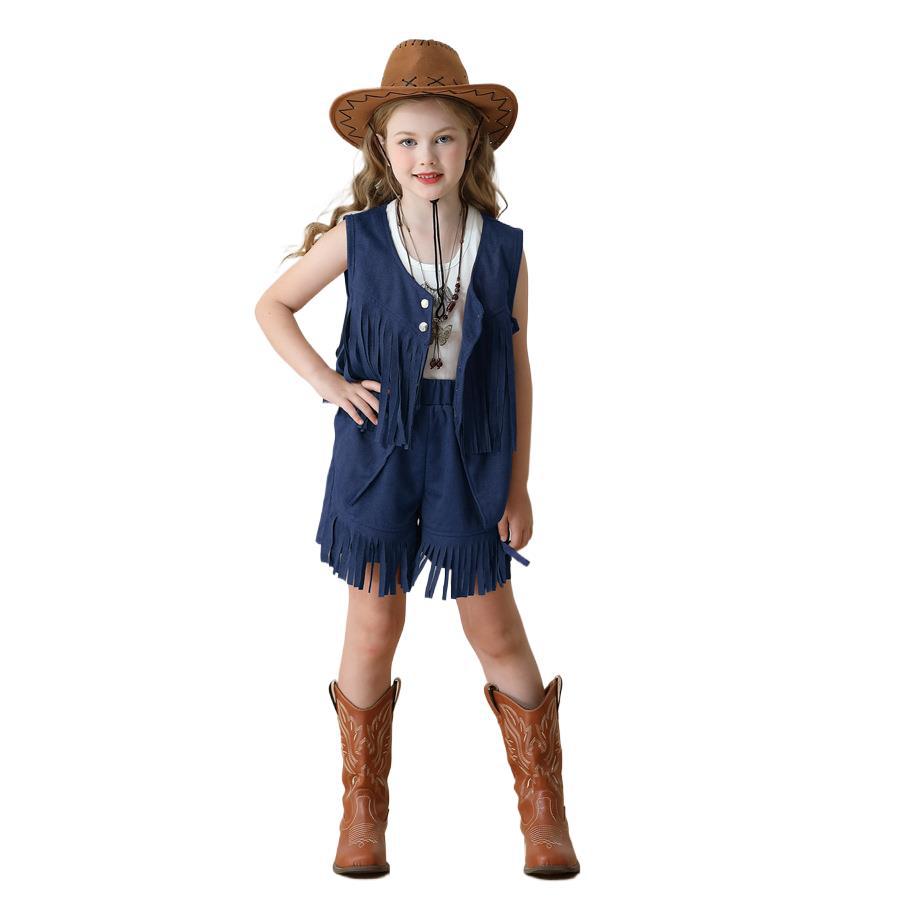 Children's Carnival Tassel Vest Ethnic Style Retro Deerskin Velvet Western Denim Shorts Girls Hippie Performance