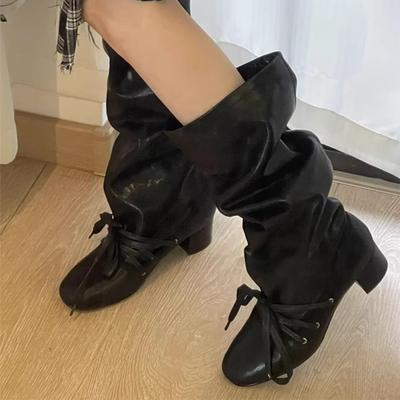 Ретро ремешки, новые нишевые дизайнерские брюки-ботинки, ботинки на толстом каблуке и толстой подошве, но рыцарские ботинки со шнуровкой до колена