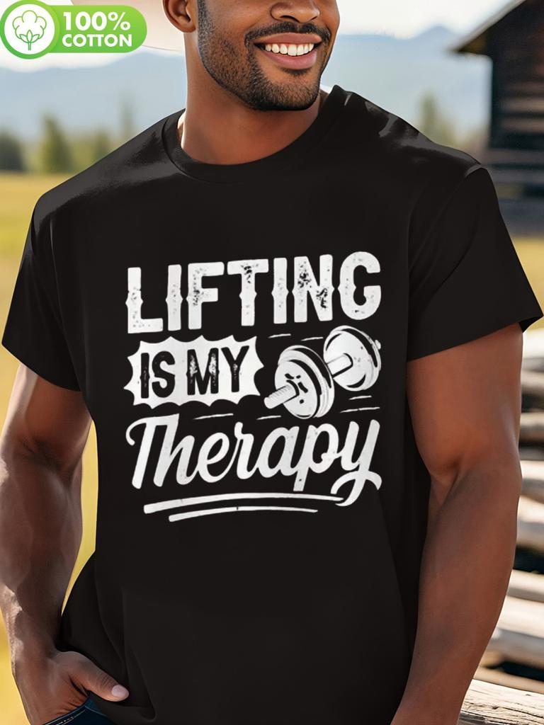 "Lifting Is My Therapy" Cotton T-shirt - Black Round Neck Tee with Dumbbell Graphic