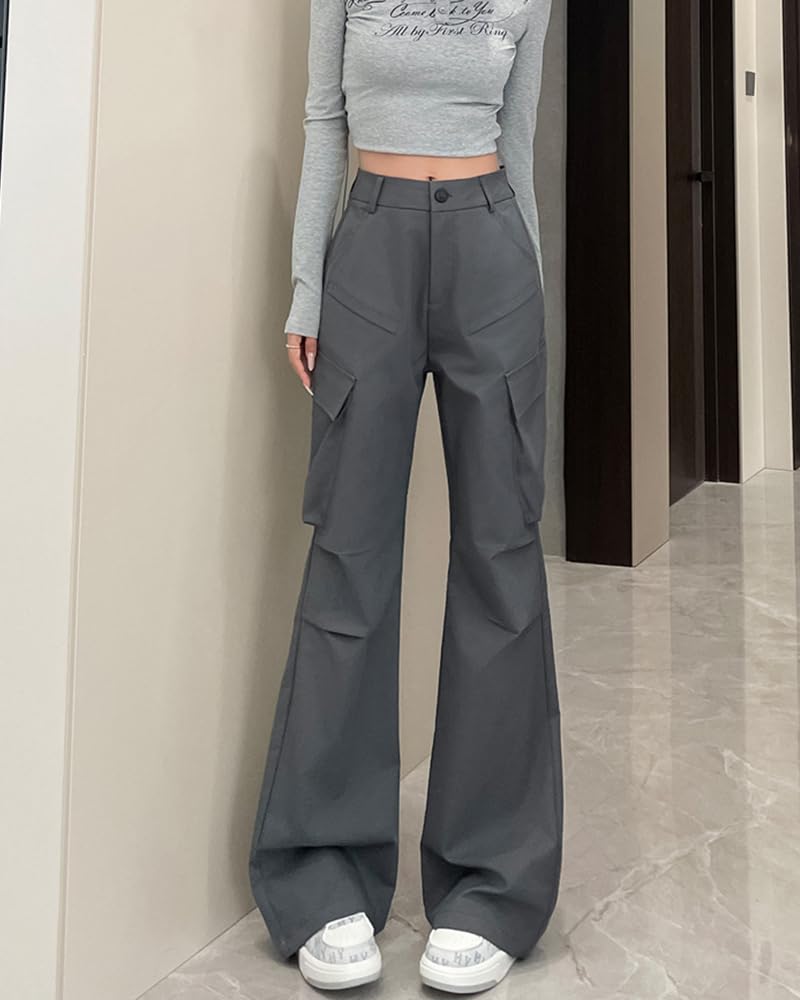 MTUIOY Cargo Street High Fall Gray XL Women's Pants, Flared, Style, Casual, Stretch, Lightweight, Waist, Spring, Summer, - -
