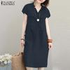 ZANZEA Summer Casual V-neck Short Sleeve Tunic Waist Shirt Dress