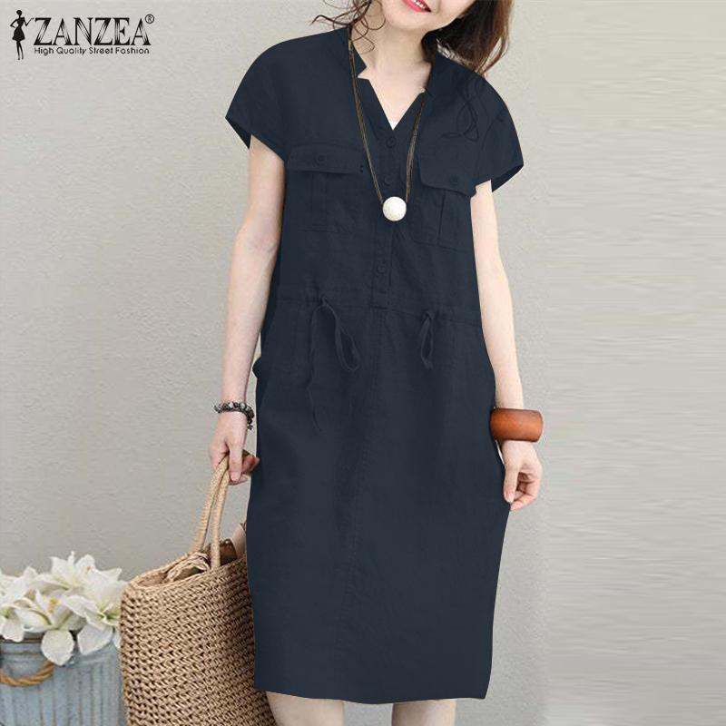 ZANZEA Summer Casual V-neck Short Sleeve Tunic Waist Shirt Dress