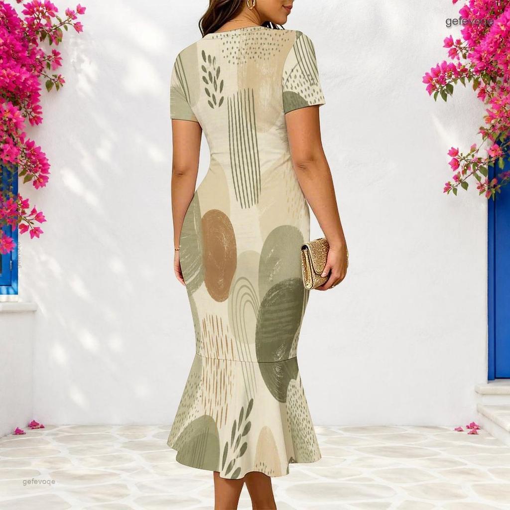 Women Plus Size V Neck Short Sleeve Printed Fitted Fishtail Midi Dress