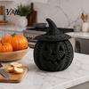 Handmade Woven Texture Craft Faux Rattan Halloween Pumpkin Figurine, Black Resin Statue with Witch Fall Holiday Window Display Hat, Rustic Wicker