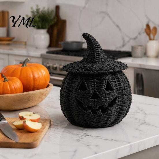 Handmade Woven Texture Craft Faux Rattan Halloween Pumpkin Figurine, Black Resin Statue with Witch Fall Holiday Window Display Hat, Rustic Wicker