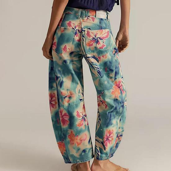 Джинсы-бочки для женщин, джинсы-бойфренды мешковатого кроя с цветочным принтом, повседневные джинсы из денима с широкими штанинами до щиколотки и средней посадкой