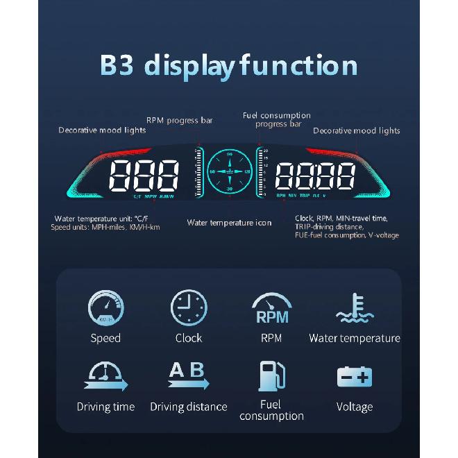 Умный цифровой дисплей HUD B3 obd2 Многофункциональный спидометр тахометр обороты температура воды вольт расход топлива сигнализация