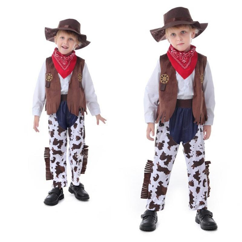 5Pcs Western Cowboy Costumes Cowboy Vest Bandana Shirt Pants Cap Halloween Fancy Dress Accessories Western Outfits