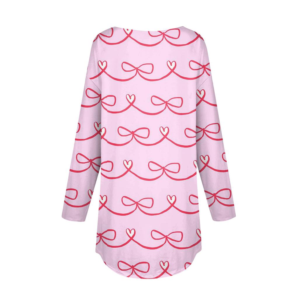 Women's Loose Casual Bow Printed Round Neck Long Sleeved T Shirt Top Pullover Long Sleeved Sweatshirt
