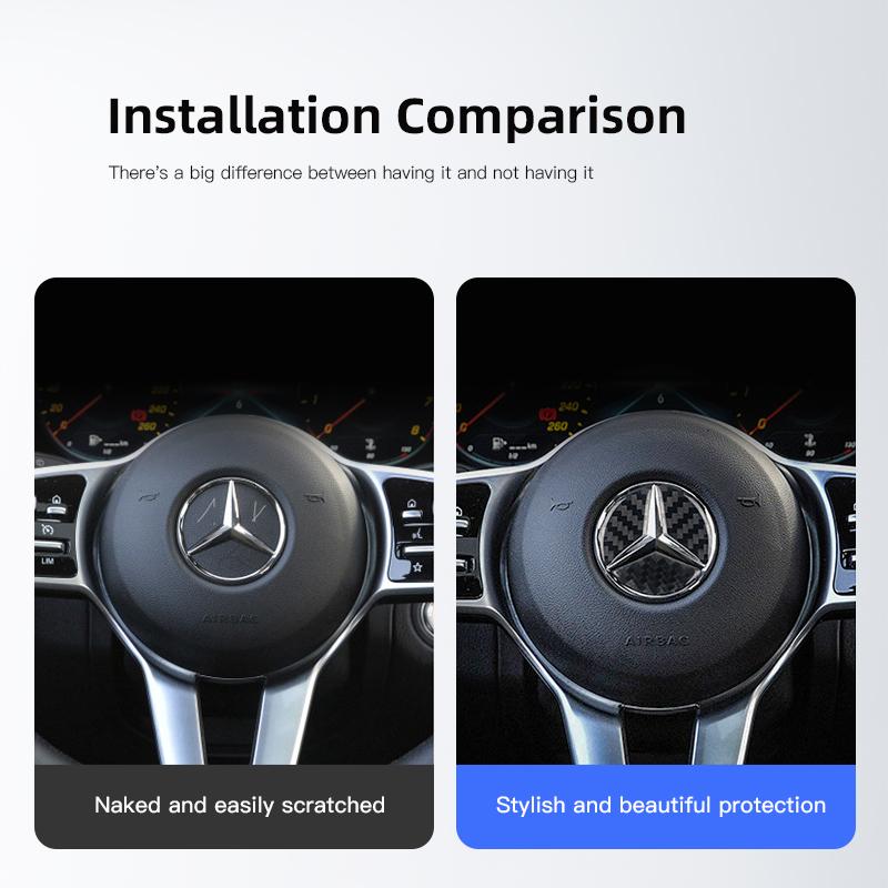 VRN2 1Pcs Car Steering Wheel Badge Sticker Carbon Fiber Decal Decoration Hubcap For Mercedes Benz E C A B G Class GLC GLE CLS CLA GLA