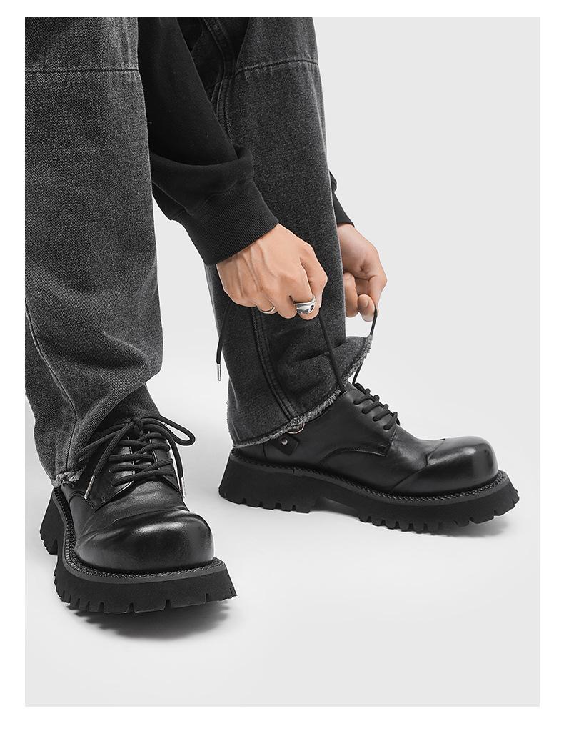 2024 Мужские туфли дерби из натуральной кожи с круглым носком - британский стиль, толстая подошва, черные ботинки