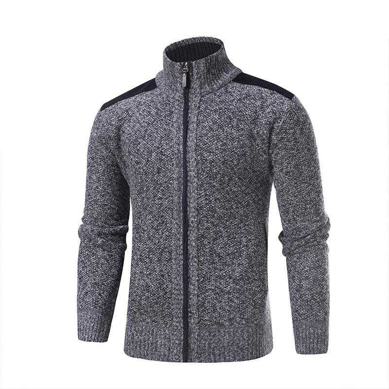 New Men's Fleece Thickened Knitted Jacket Stand-up Collar Splicing Knitted Sweater Cardigan Sweater Men's