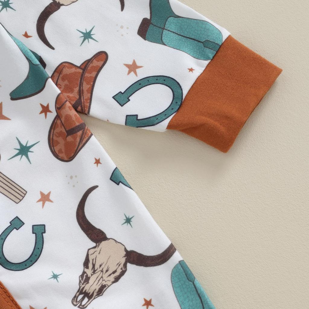 Baby Girls Fall Crewneck Romper 3M 6M 12M Long Sleeve Cattle Print Oblique Zipper Jumpsuit