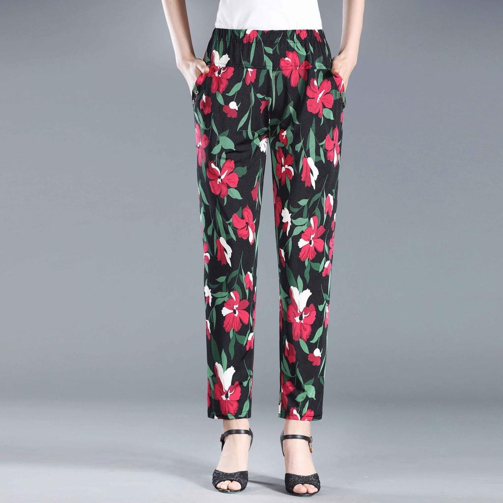 Летние брюки с цветочным принтом для женщин среднего и пожилого возраста. Эластичные брюки больших размеров с высокой талией для женщин пожилого возраста.