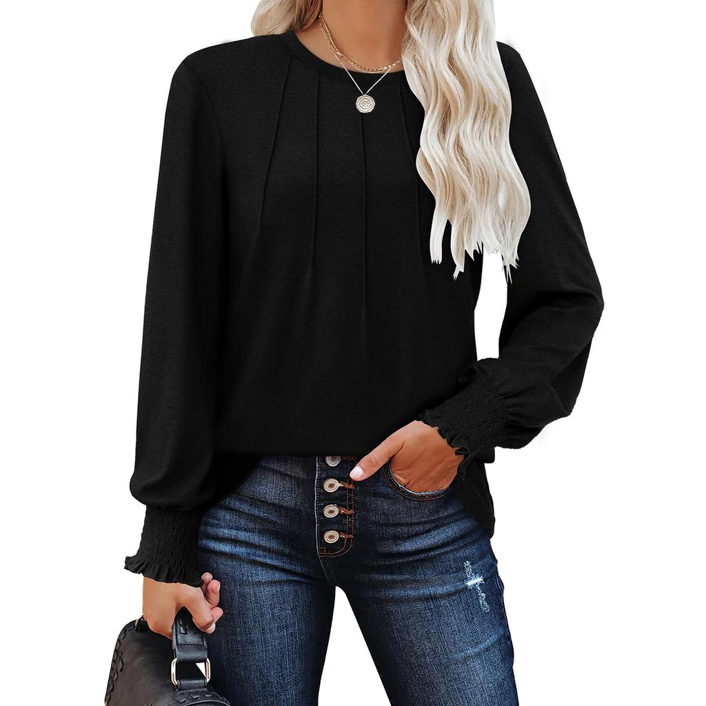 Женская модная повседневная плиссированная футболка с круглым вырезом и длинным рукавом, однотонная футболка