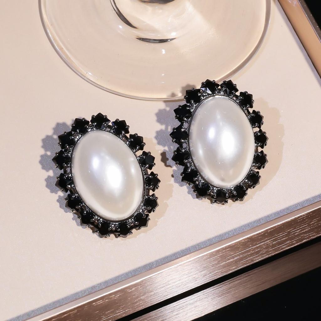 Корейские простые и универсальные геометрические овальные серьги-пусеты с полным бриллиантом и жемчугом, женственные, темпераментные, блестящие, с кристаллами, ювелирные украшения для ушей