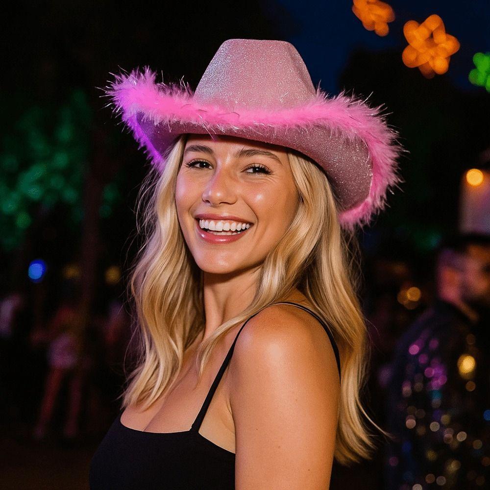 Plush Brim Cowboy Bucket Hat Pink Silver Panama Hat New Fisherman Cap for Camping Hiking