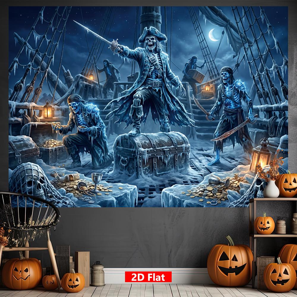 [2D Flat] 1 piece, Halloween banner, polyester material, skeleton pirate ship patternzyc