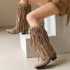 Winter New Women Ankle Boots Square Toe Slip On Tassels Flock Suede Block Heels 6cm Fringe Calf Booties Plus Size 46 47 48