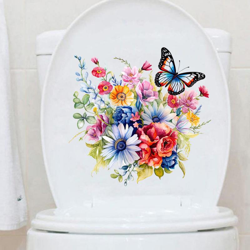 Butterflies Surround Flowers Toilet Sticker Home Decoration Toilet Lid Wc Universal Waterproof Decals Bathroom Accessories