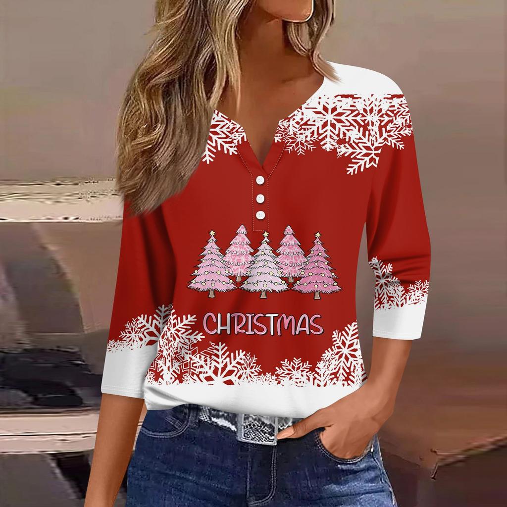 Women's T Shirt Tee Print Button 3/4 Sleeve Daily Weekend Fashion Basic V- Neck Regular Top