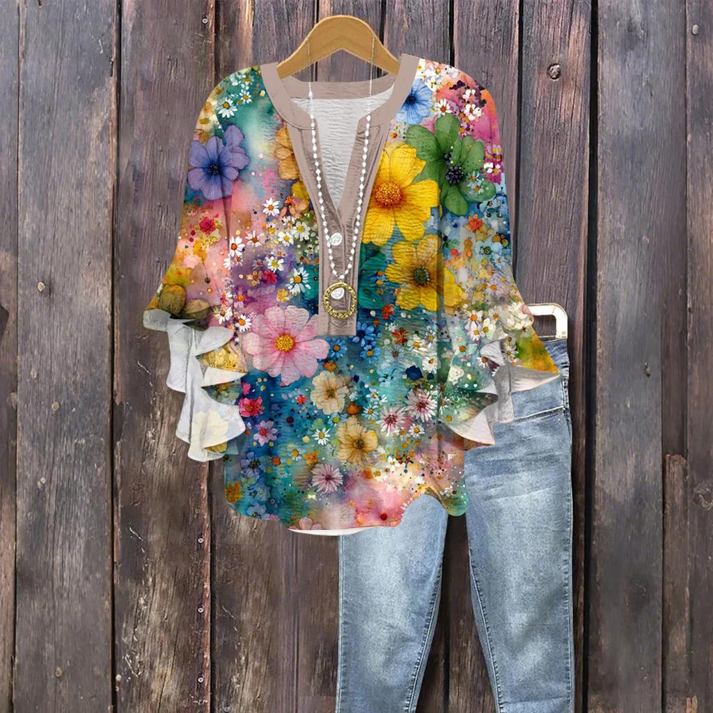 Women's Fashion Button V-Neck Ruffle Seven Sleeve Blouse Floral Printed Top