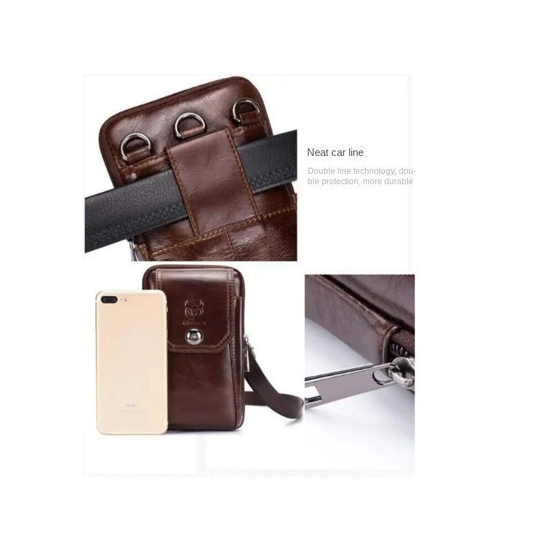 BULLCAPTAIN Genuine Leather Waist Pack Fanny Pack Belt Bag Phone Pouch Bags Travel Waist Pack Male Small Waist Bag Leather Pouch