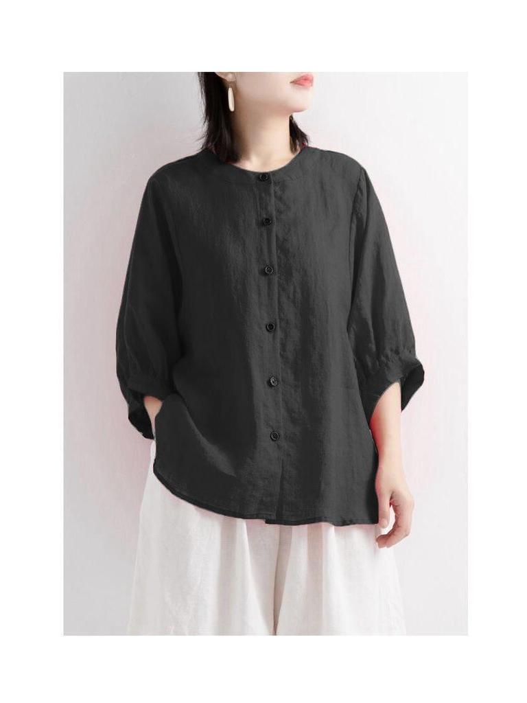 Women's Retro Cotton Linen Lantern Sleeve Blouse: Summer Mid-Sleeve, Loose Fit, Plus Size