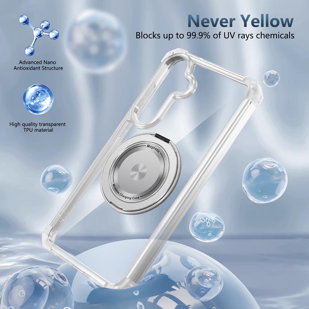 KEYSION Прозрачный чехол для MagSafe для Samsung Galaxy S24 FE 5G 360° Магнитная подставка-кольцо Беспроводная зарядка Прозрачная накладка для телефона