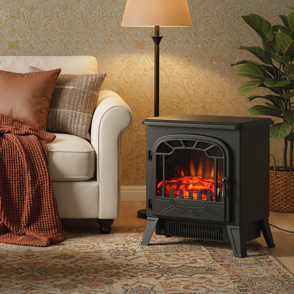 Electric Fireplace Radiator Imitation Flame With Adjustable Brightness 925 W 1850 W Metal Door Tempered Glass Black