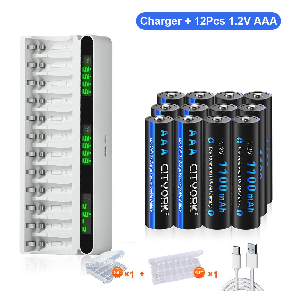 Charger and Battery Combo Kit 12 Slot Smart LCD USB/Type-C Hybrid 1.2V Battery Charger + 1.2V AA/AAA NiMH Rechargeable Battery