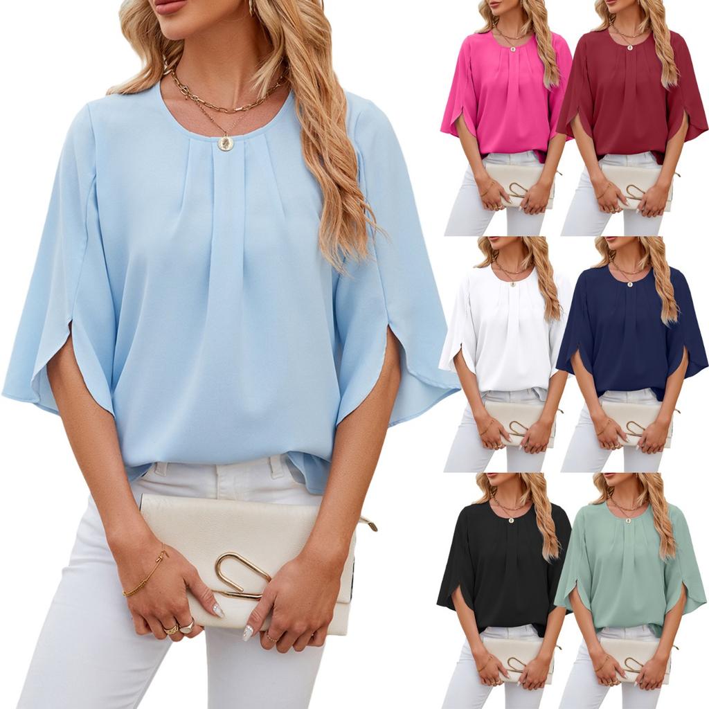 Solid Colour Round Neck Five-quarter Sleeve Short Sleeve,loose Chiffon Shirt Tops for Women