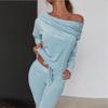 Women's Fashion Autumn and Winter Casual 2 Piece Coral Fleece Off Shoulder Tops + Long Pants Set Running Sets Breathable Sports Wear Yoga Wear