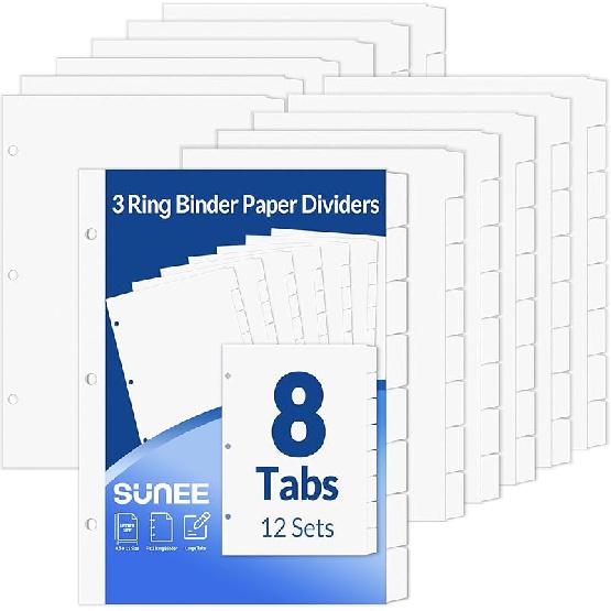 SUNEE Binder Dividers with Tabs for 3 Ring Binder, 8.5 x 11 Paper White Binder Dividers Blank with 8 Tabs, 4 Sets Page Dividers for School, Office