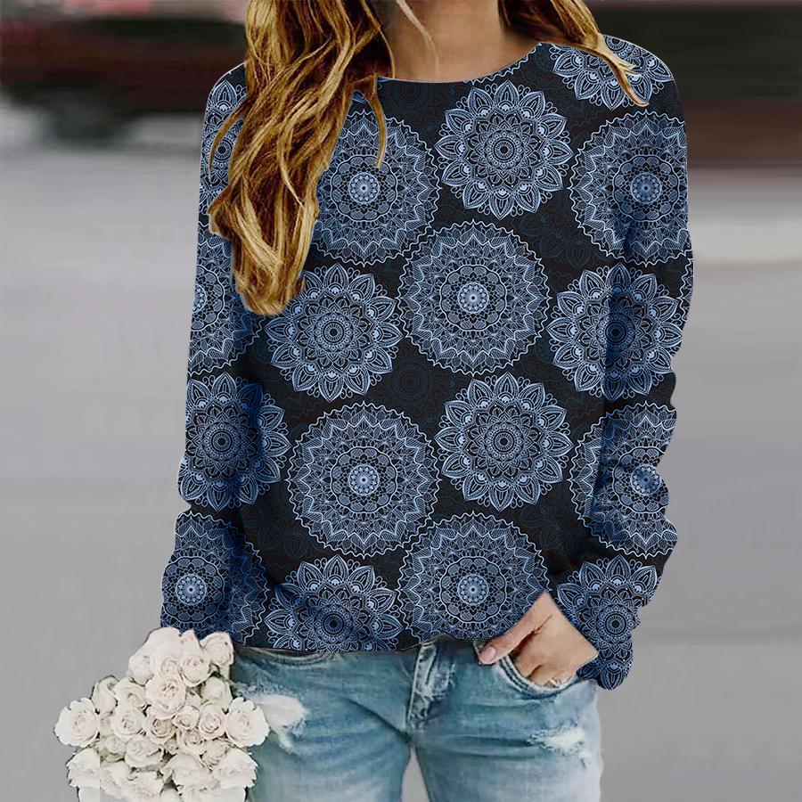 Топы для женщин с принтом «тотемы» с круглым вырезом и длинным рукавом, осенняя повседневная тонкая кофточка, женский топ с длинным рукавом
