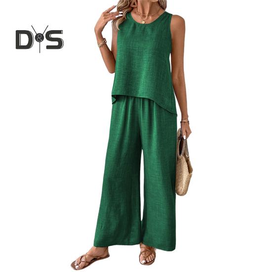 Женский комплект из двух предметов для отдыха, летний топ без рукавов с вырезом сзади и широкие брюки, повседневная одежда для отпуска и путешествий