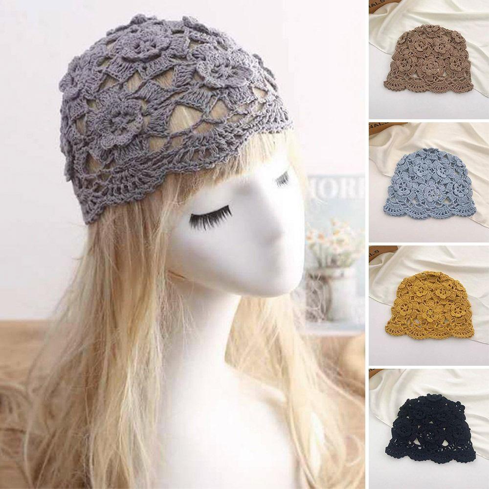 Flowers Knitted Hat Hollowed Out Beret Cap Breathable Baotou Hat for Women