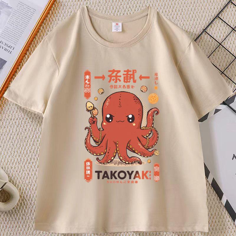 Japanese Street Food T-shirt Osaka Dotonbori Octopus Printed Tshirt Takoyaki Anime Short Sleeve Tees Round Neck Summer Clothes