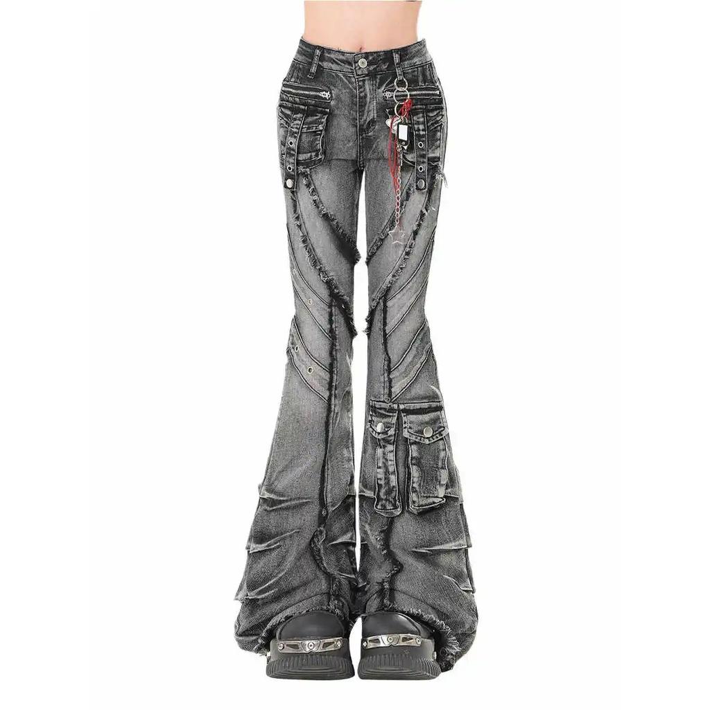 VIONA Autumn Winter Women's Denim Pants Dark Academia Cargo Jean Flared Bell Bottom Designer Kpop Japanese Y2k 2000s Goblin Core