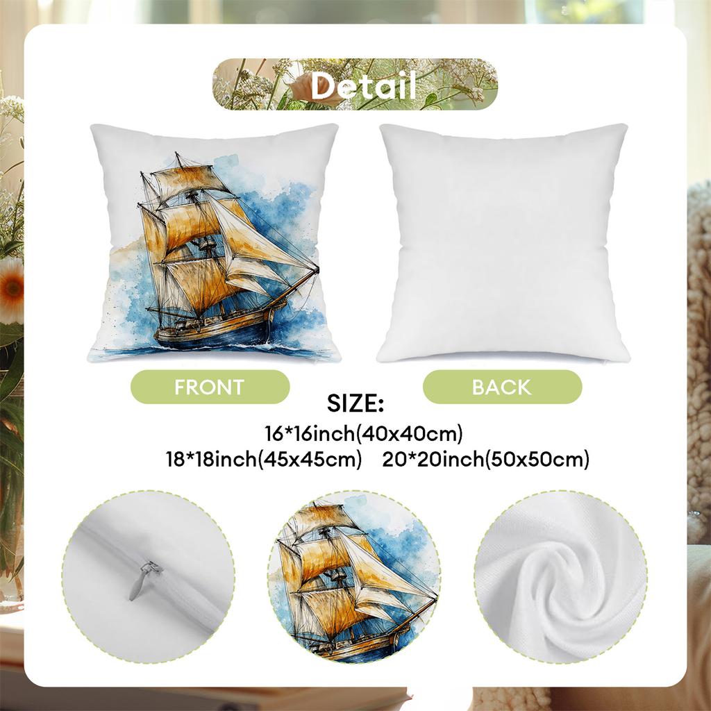 Watercolor Tall Ship Pillow Covers, Vintage Sailing Vessel Art Throw Pillow Cases, Nautical Coastal Home Decor Cushion Covers